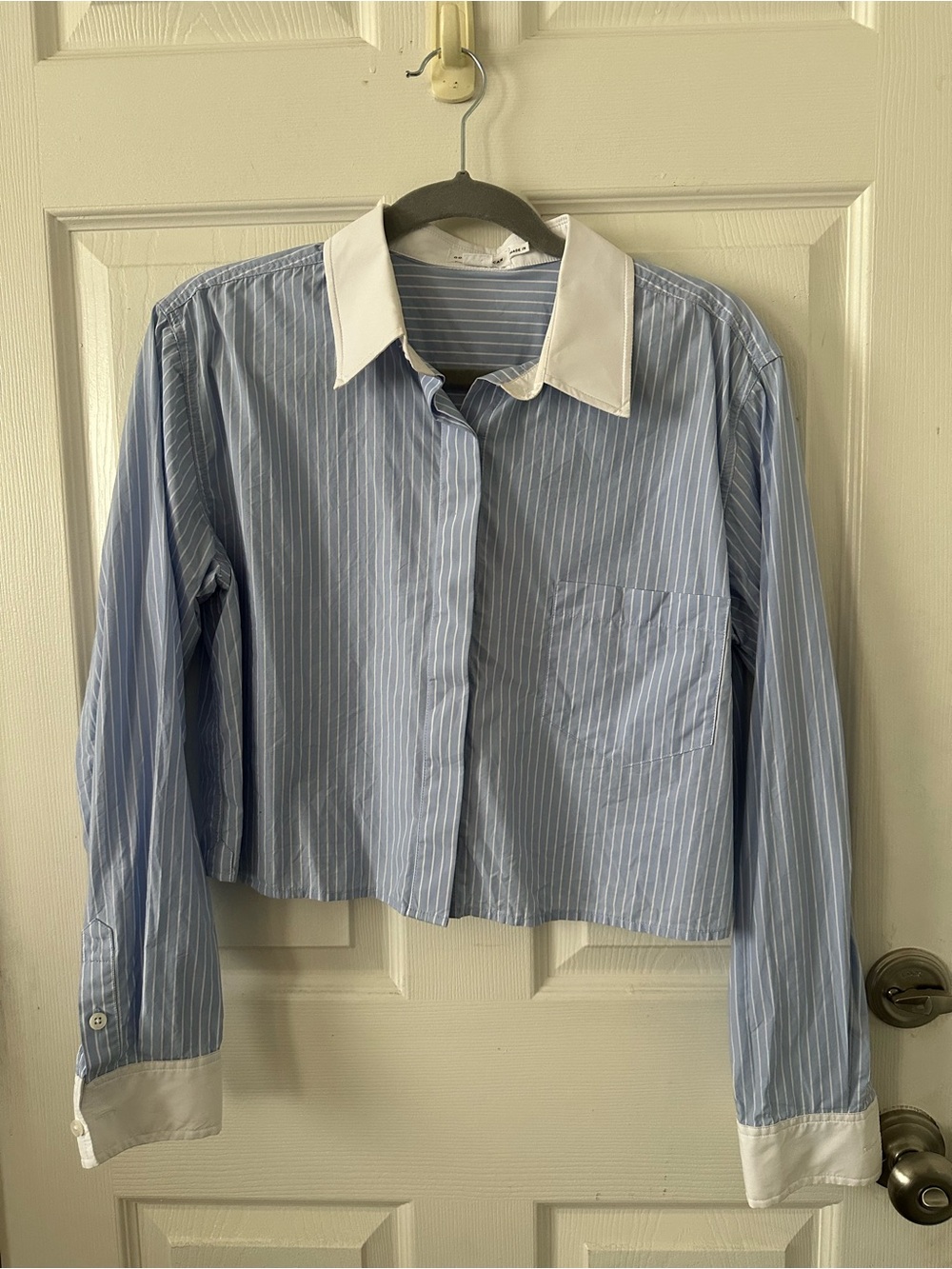 Good American Blue Pinstripe Button-Down with White Collar